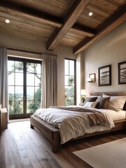 Cozy rustic bedroom, exposed wooden beams, large windows with garden view, neutral color palette, soft natural light, minimalist decor, linen bedding, hardwood floors, ceiling fan, framed botanical pr