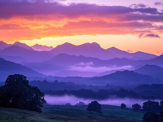 Obraz premium breathtaking panoramic vista of misty mountain ranges silhouetted in layers creating depth against vibrant orange and purple sunset sky with dramatic clouds