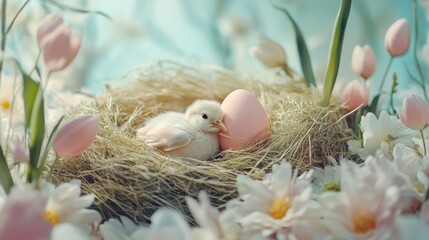 Chick and egg among blooming tulips and daisies in a nest