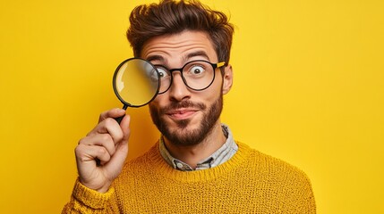 Man with glasses playfully examines through magnifying glass against yellow background