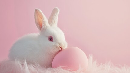 Obraz premium Cute white bunny with pink egg on soft fluffy surface
