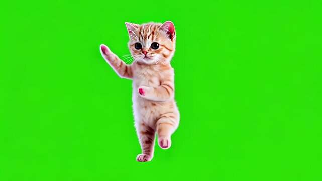 Looped dancing baby cute tabby kitten isolated on green chroma key background. Full body shot, alpha transparent overlay