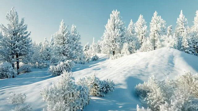 Whimsical Winter Wonderland in Snowy Forest with Trees and Mountains