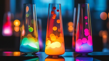 Colorful lava lamps glow on table, bokeh background