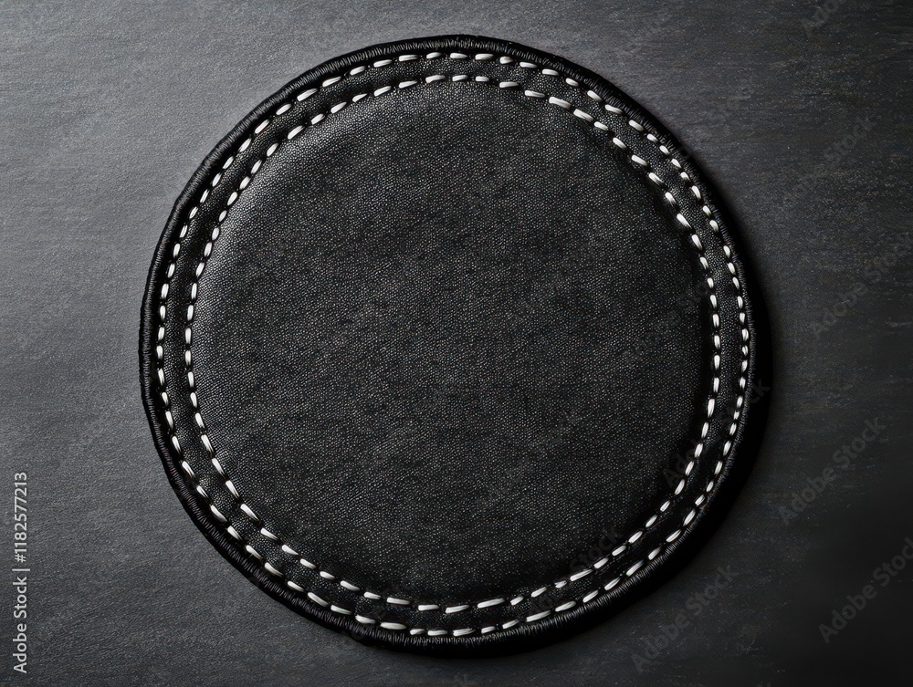 Poster circular embroidered patch template with detailed stitching and textured border on black and white m