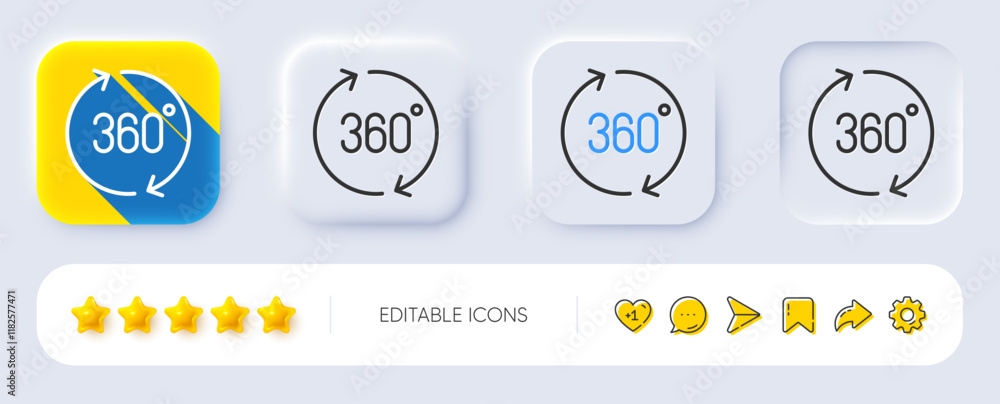 Poster 360 degrees line icon. neumorphic, flat shadow, 3d buttons. vr simulation sign. panoramic view symbo
