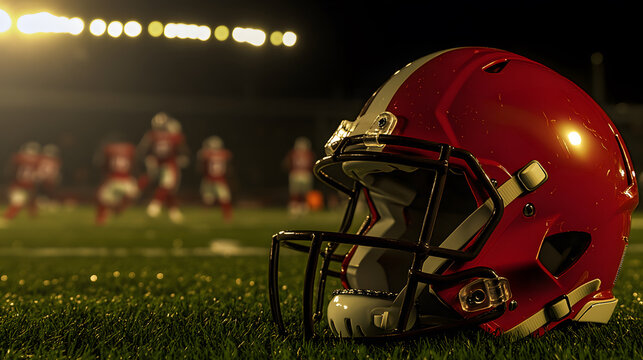 Closeup of an American football helmet with the background of an American football field with players running