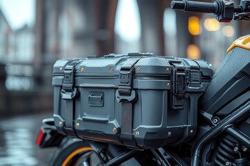 Fototapeta premium Close-up shot of a motorcycle with a luggage case on the back