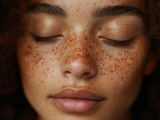 Fototapeta premium close-up of a young mixed-race woman showcasing her freckles, with her eyes gently closed, embracing natural beauty and a serene expression, highlighting diversity and individuality