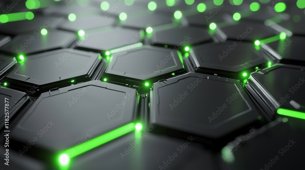 Poster futuristic metallic network structure with green lights abstract art digital close-up technology con