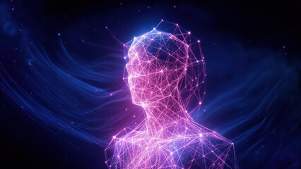 A glowing digital humanoid agi made of neon circuits in a cosmic backdrop