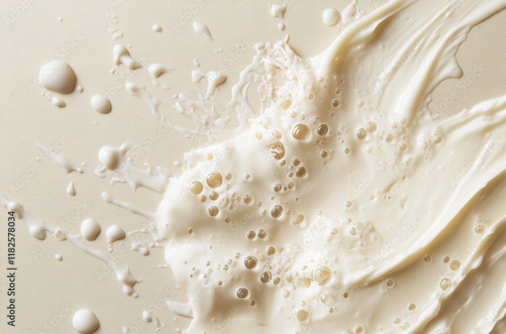 Poster a splash of cream erupts against a beige background, creating a delightful visual. droplets scatter 