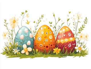 Colorful easter eggs in floral meadow for spring celebration