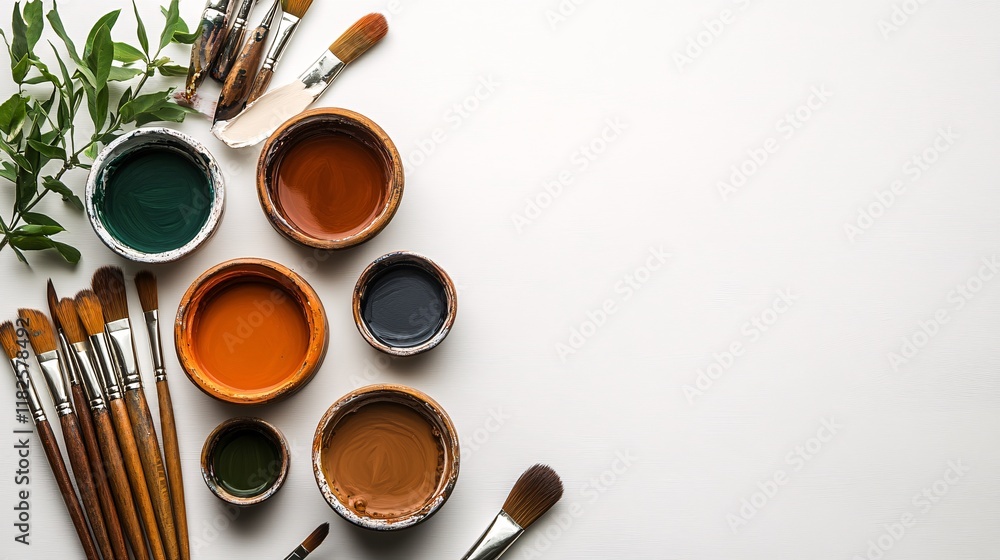 Poster creative workspace with paints and brushes displayed for artistic projects