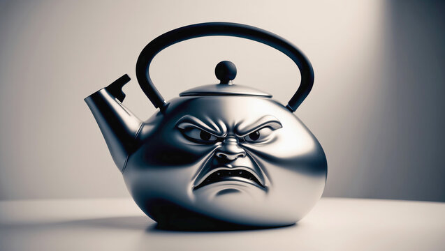 Sleek modern kettle with playful face expression in a bright indoor setting