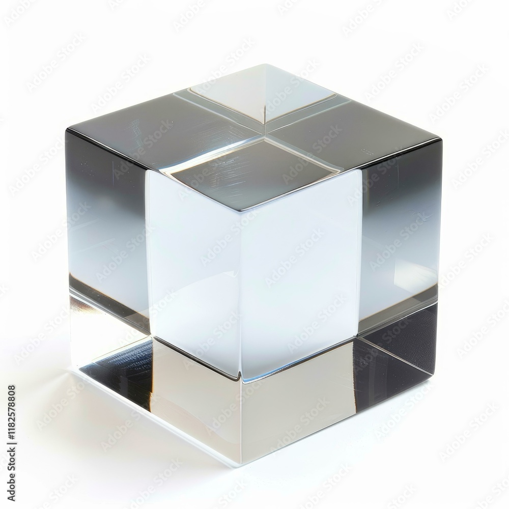 Poster glass cube with shaded faces creating a gradient effect, reflecting light on a white background