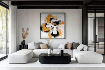 Modern minimalist living room, white sectional sofa, black coffee table, large abstract canvas art, warm beige tones, curved shapes, sleek interior design, natural light, wooden floor, textured wall, 