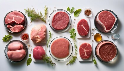 flat lay of various lab grown meats arranged on a clean white background promoting the future of sustainable and ethical eating