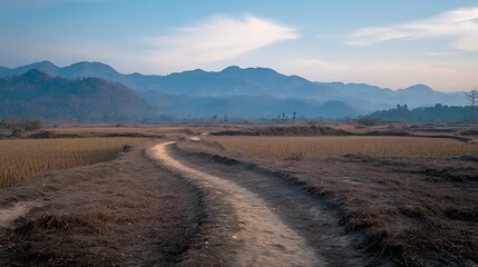 Fototapeta premium Serene Dirt Road Winding Through Rural Landscape Towards Mountains
