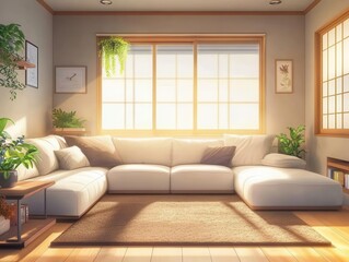 cozy modern living room interior with plush white sectional sofa, textured brown area rug, natural light, and minimalist scandinavian design elements