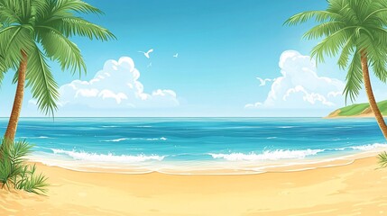 Obraz premium Seaside landscape with palm trees and calm waves under a bright blue sky