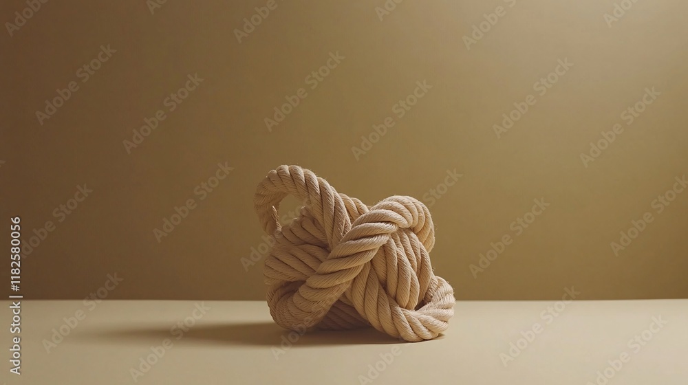 Poster complex knot made of rope displayed on a simple wooden surface with a neutral background