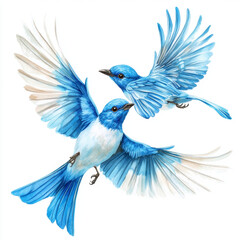 Obraz premium Illustration of two blue birds in flight on a white background.