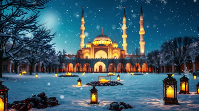 A snowy courtyard filled with glowing lanterns, dates, and a softly lit blur mosque under a starry winter sky