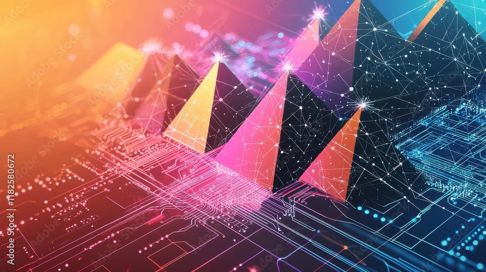 Poster futuristic technology landscape with abstract pyramids and digital elements virtual environment high
