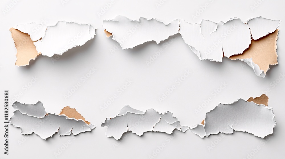Poster torn paper collage on a light background creating abstract layers and textures