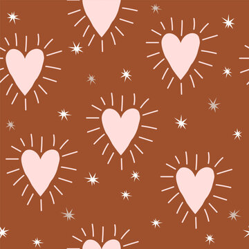 Seamless pattern with big hearts and stars. Boho style print. Vector hand drawn illustration.