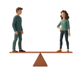 Minimalist illustration of two figures standing on a balance beam, symbolizing equality and balance, on a transparent background. Gender equality concept