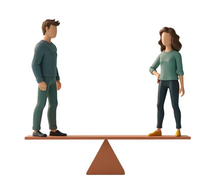 Minimalist illustration of two figures standing on a balance beam, symbolizing equality and balance, on a transparent background. Gender equality concept