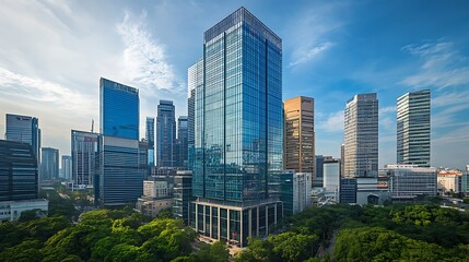 Fototapeta premium Modern Cityscape Featuring Tall Glass Skyscrapers and Lush Greenery