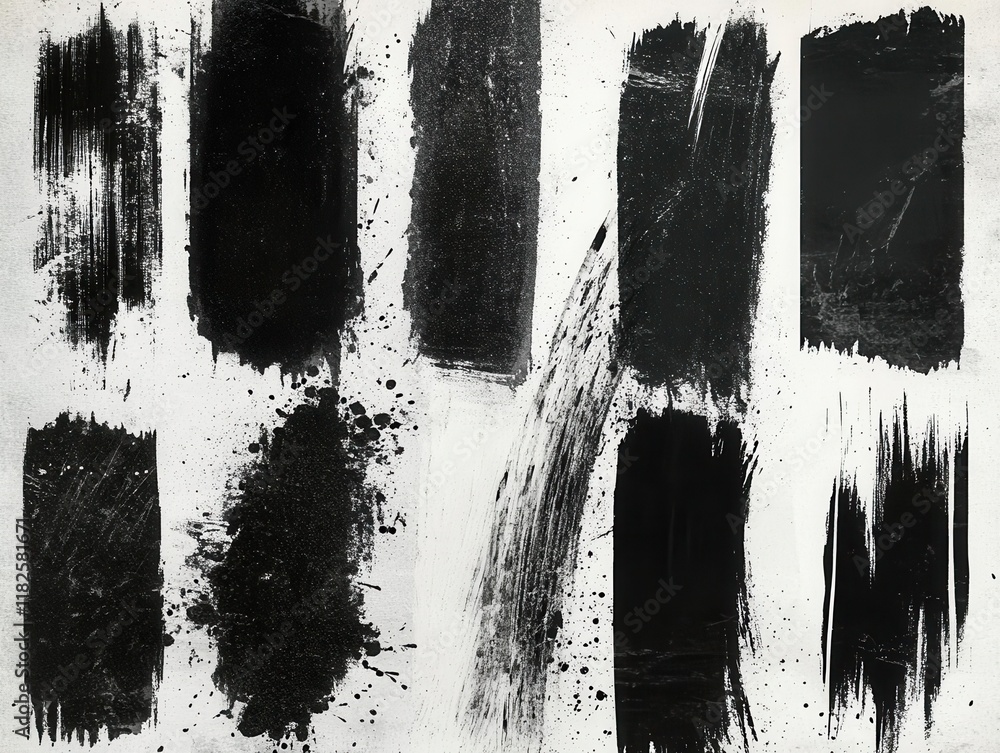 Poster detailed collection of dark grunge brush stroke textures with rough edges and dynamic paint splatter