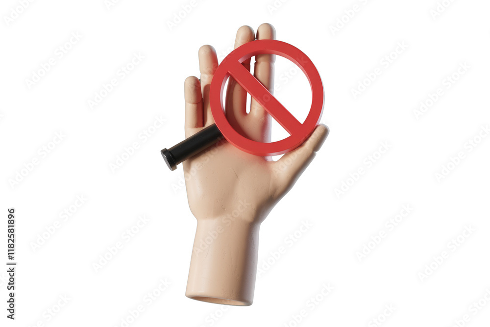 Poster a 3d rendered hand holding a red prohibition symbol, indicating a ban or restriction. background rem