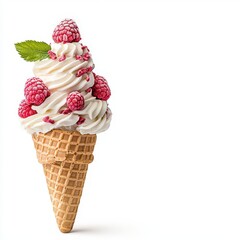 Delicious White Chocolate ice cream cone topped with creamy whipped cream and fresh raspberries, perfect for a refreshing treat on a sunny day.