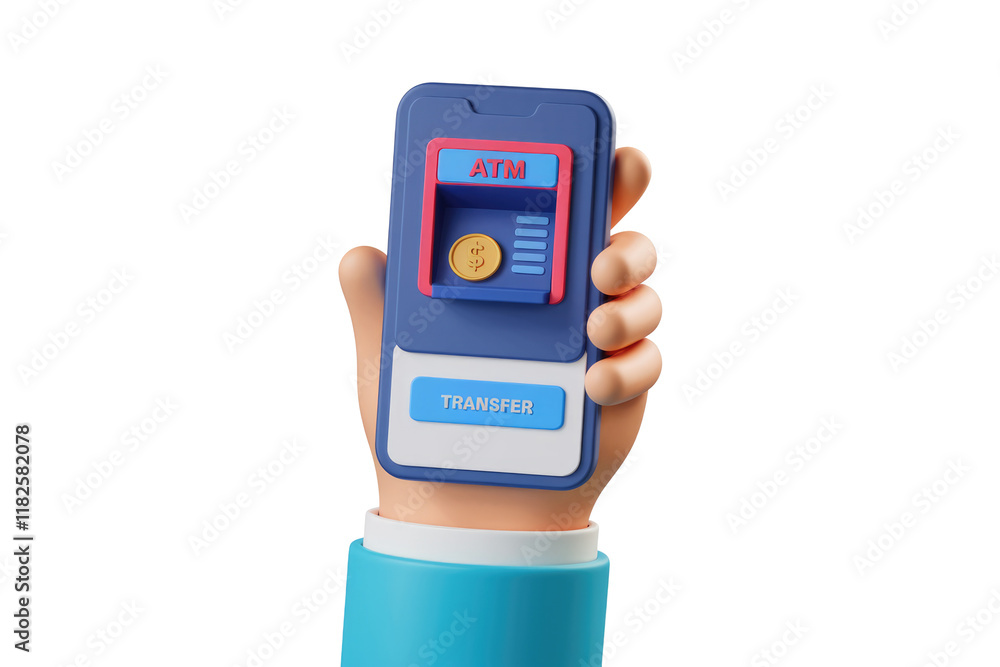 Aufkleber 3d illustration of a hand holding a smartphone with an atm interface, showing a money transfer. back