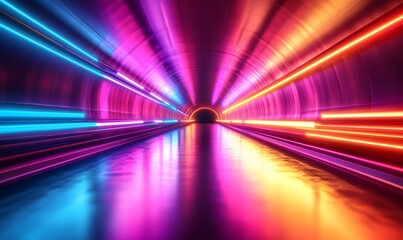an abstract view looking down a tunnel of colorful, glowing neon lines