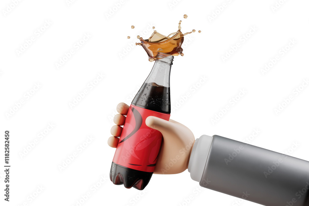 Poster A cartoon hand holds a soda bottle with a splash of cola exploding from the top. background removed