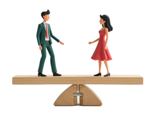 Figurines of a man in a suit and a woman in a red dress balancing on a wooden seesaw, transparent background, concept of gender equality