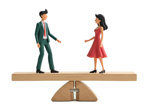Figurines of a man in a suit and a woman in a red dress balancing on a wooden seesaw, transparent background, concept of gender equality