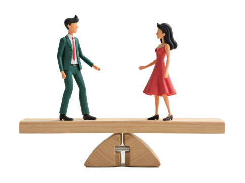 Figurines of a man in a suit and a woman in a red dress balancing on a wooden seesaw, transparent background, concept of gender equality