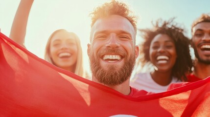 Diverse Group of Happy Sports Fans Celebrating with Handmade Banners in Warm Sunlight