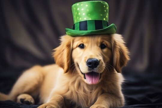 Golden retriever puppy wearing a saint patrick's day hat lying down and panting