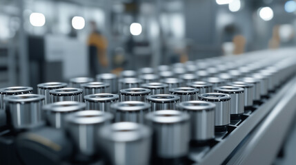 Cylindrical Batteries on Conveyor Belt in Manufacturing Facility