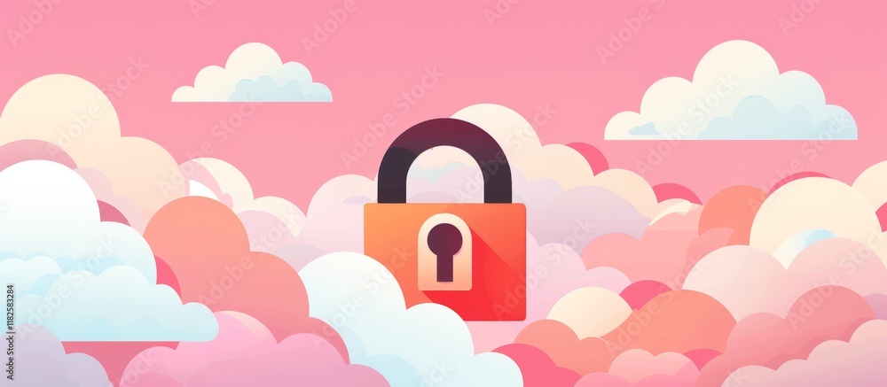 Poster secure cloud concept with a lock amidst colorful clouds
