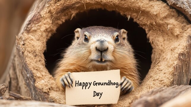 Charming groundhog peers out of his burrow, holding a sign Happy Groundhog Day. The groundhog symbolizes the arrival of spring and the tradition of weather prediction
