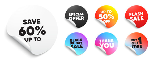 Discount sticker tag. Special offer paper price tags. Save up to 60 percent. Discount Sale offer price sign. Special offer symbol. Discount, black friday sticker. Promo banner. Vector