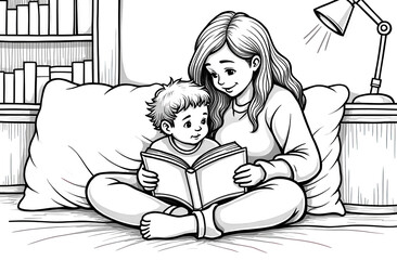  Mother and Child Reading Together Library Scene